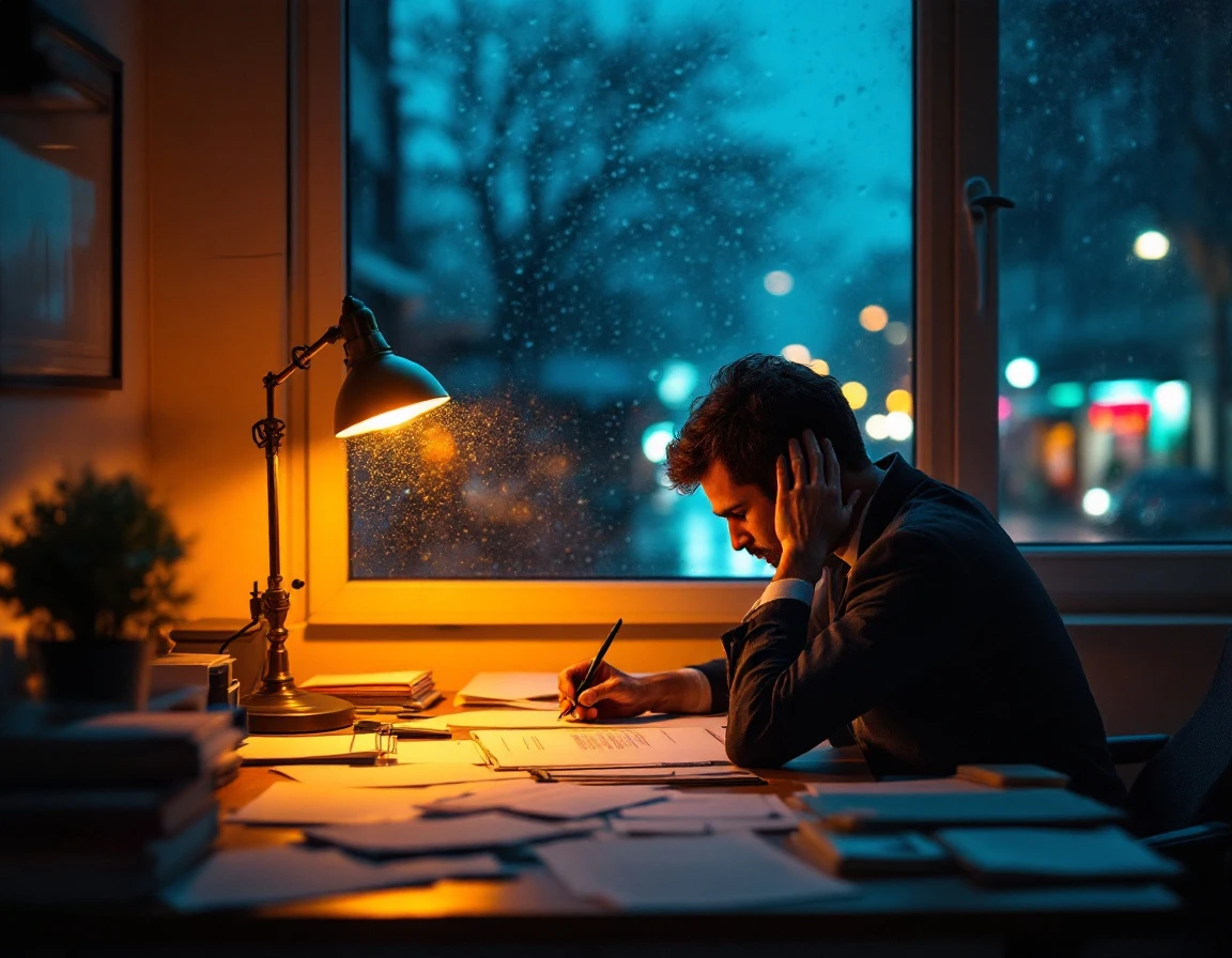 Small business owner working late at desk under warm lamp light with rain-streaked window in background