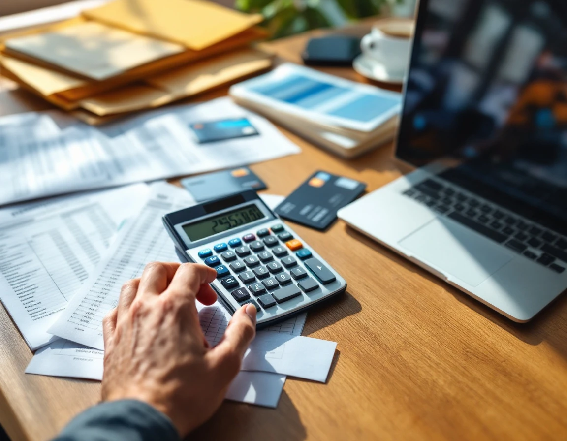 Small-business workspace with calculator, payment cards, and financial verification materials on wooden desk