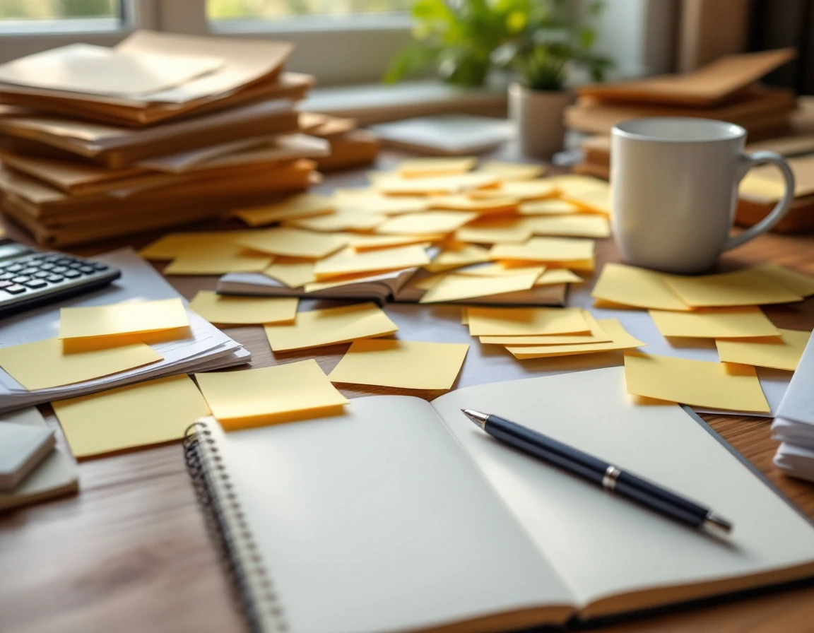 Cluttered desk with scattered sticky notes, folders, calculator and paperwork showing payroll admin chaos