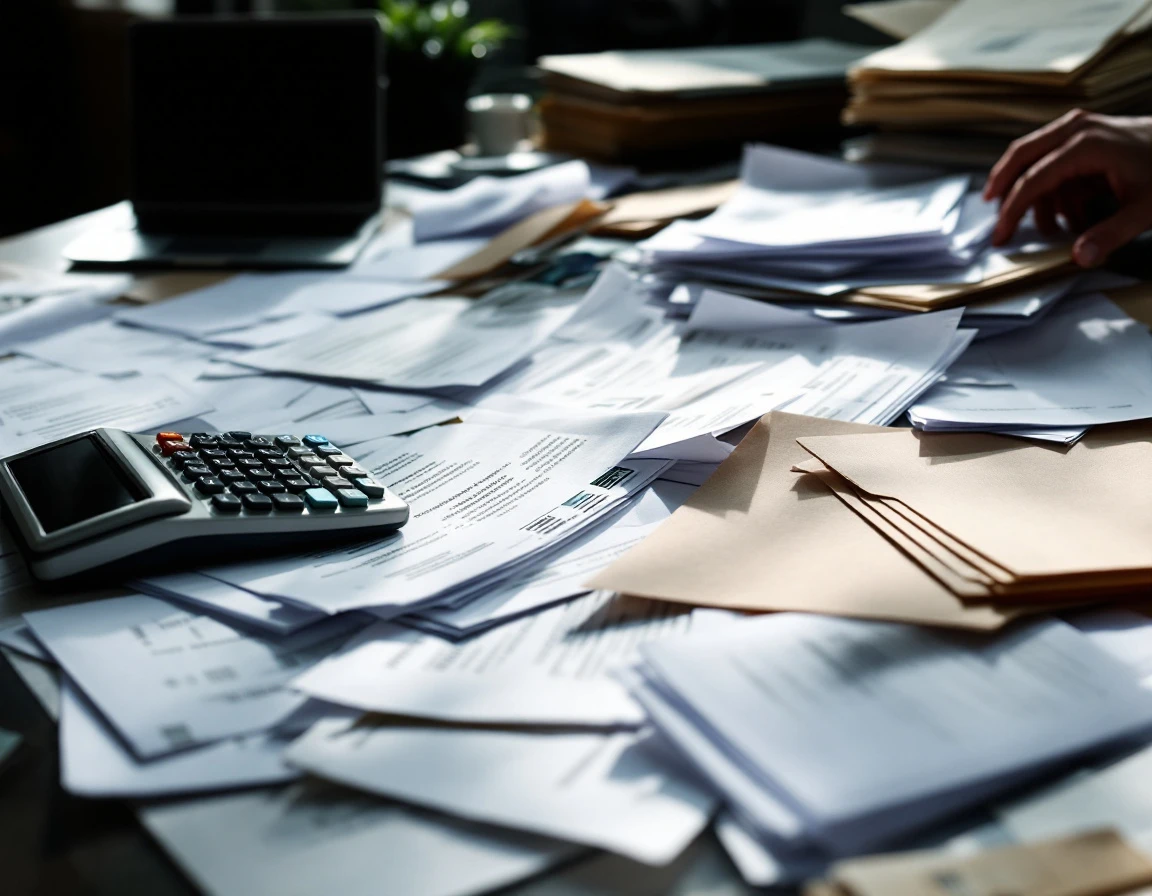 Cluttered desk with scattered papers, calculator, and laptop showing manual payroll workflow chaos