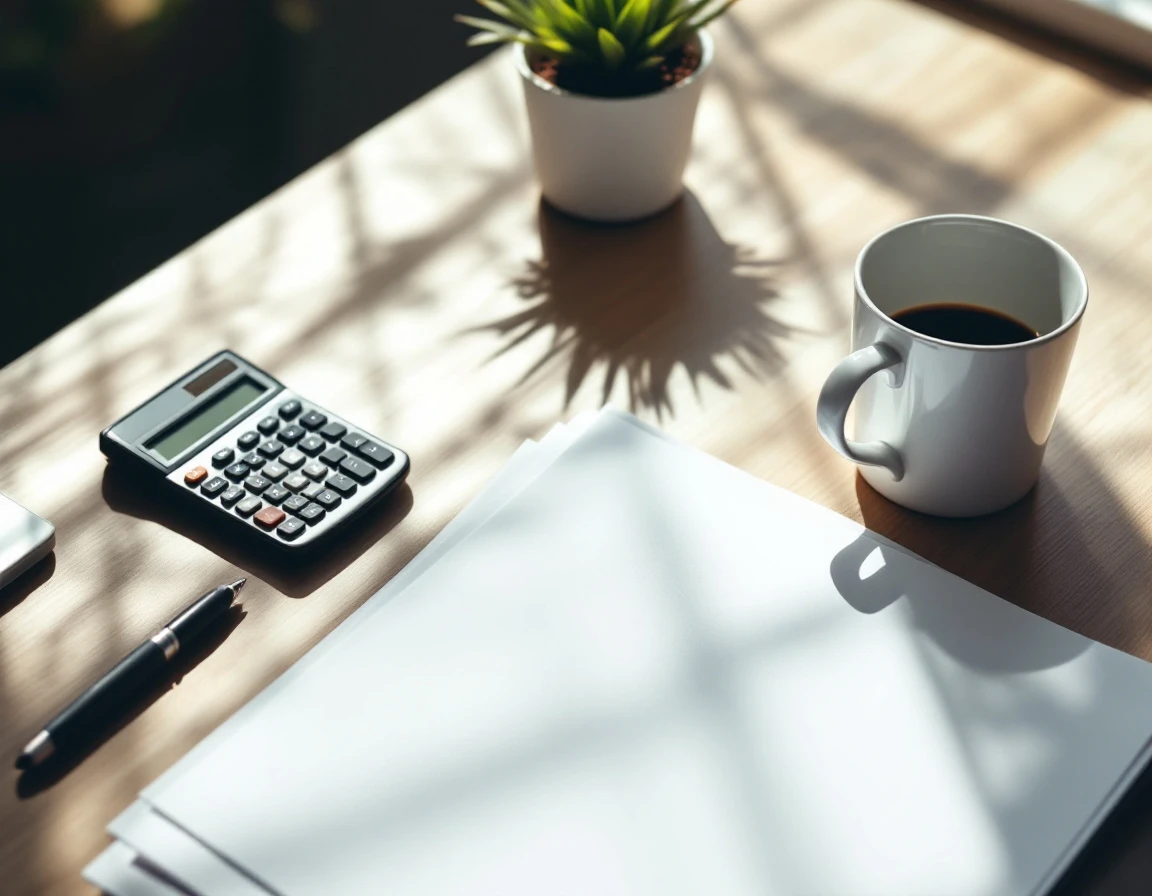 Overhead view of organized desk with calculator, mug, and papers during payroll audit preparation