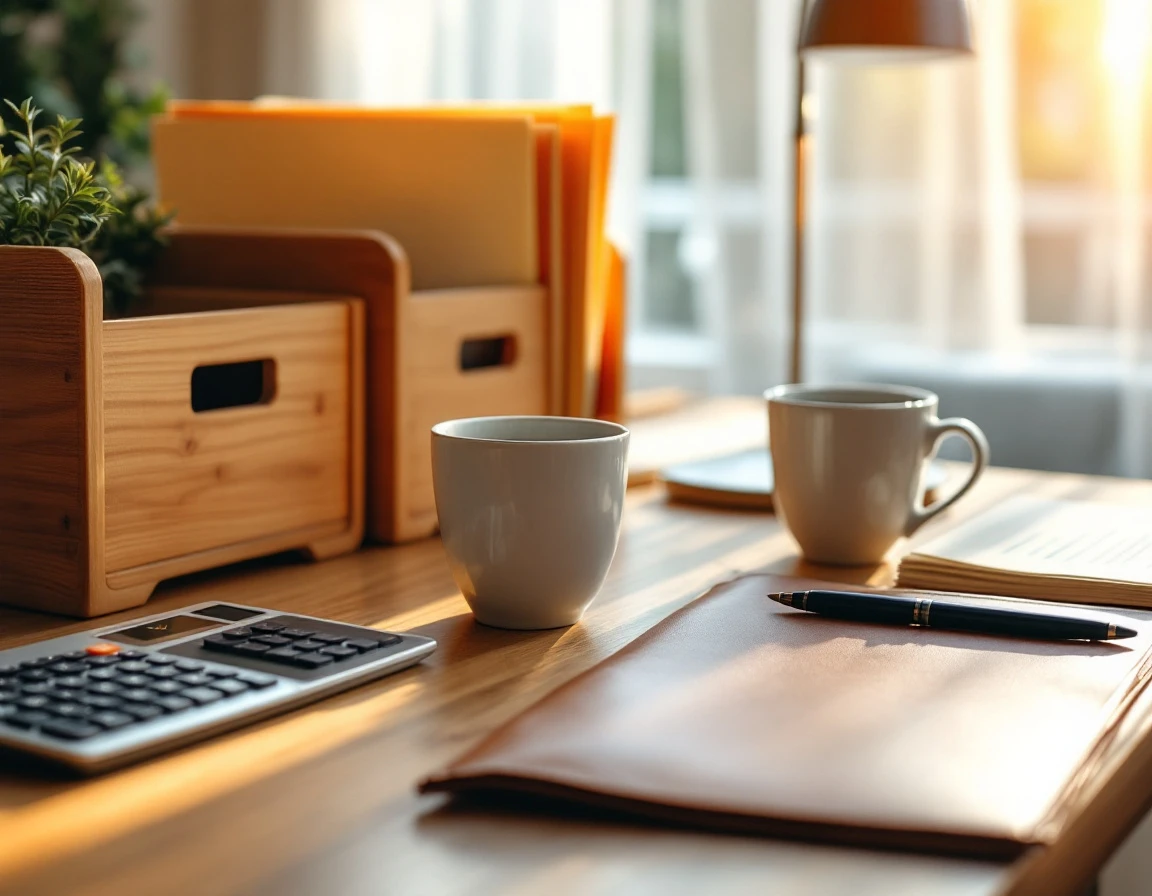 Organized desk with calculator, leather portfolio, and file organizer for small business tax planning