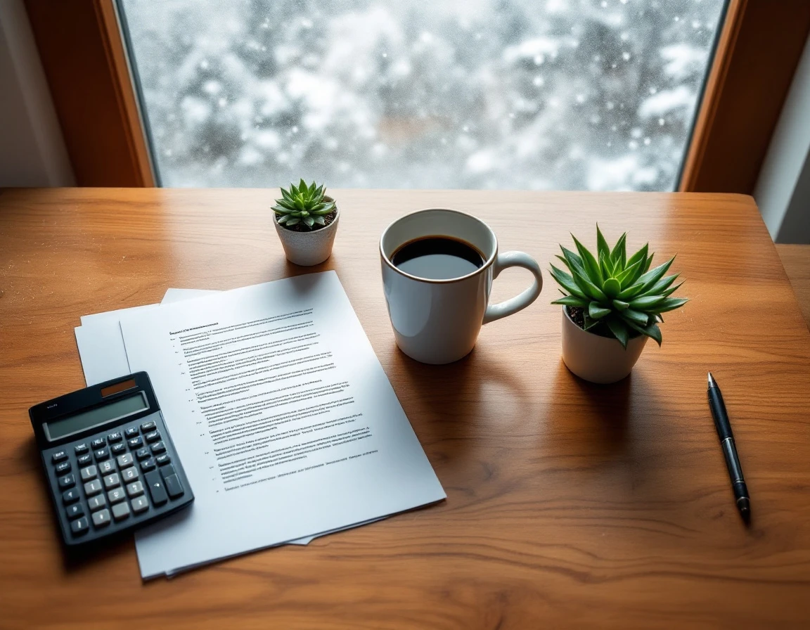 Calculator and coffee on wooden desk with blurred papers and snowy window view
