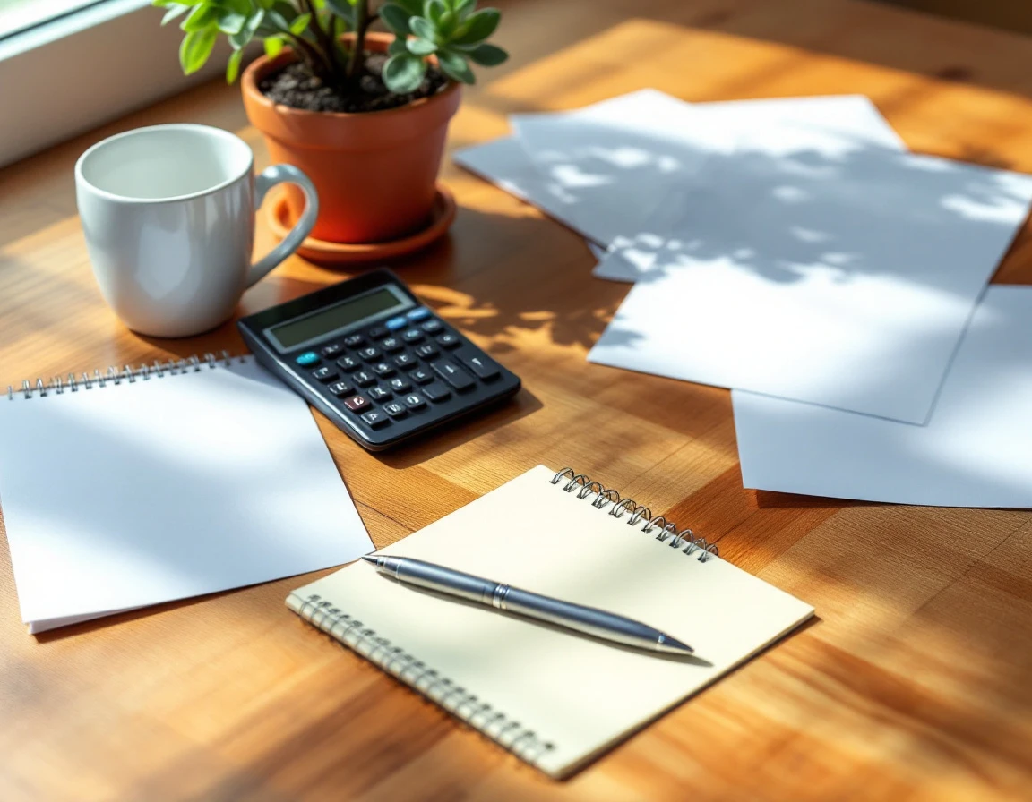Clean desk workspace with calculator, coffee, and blank papers illustrating small business financial planning