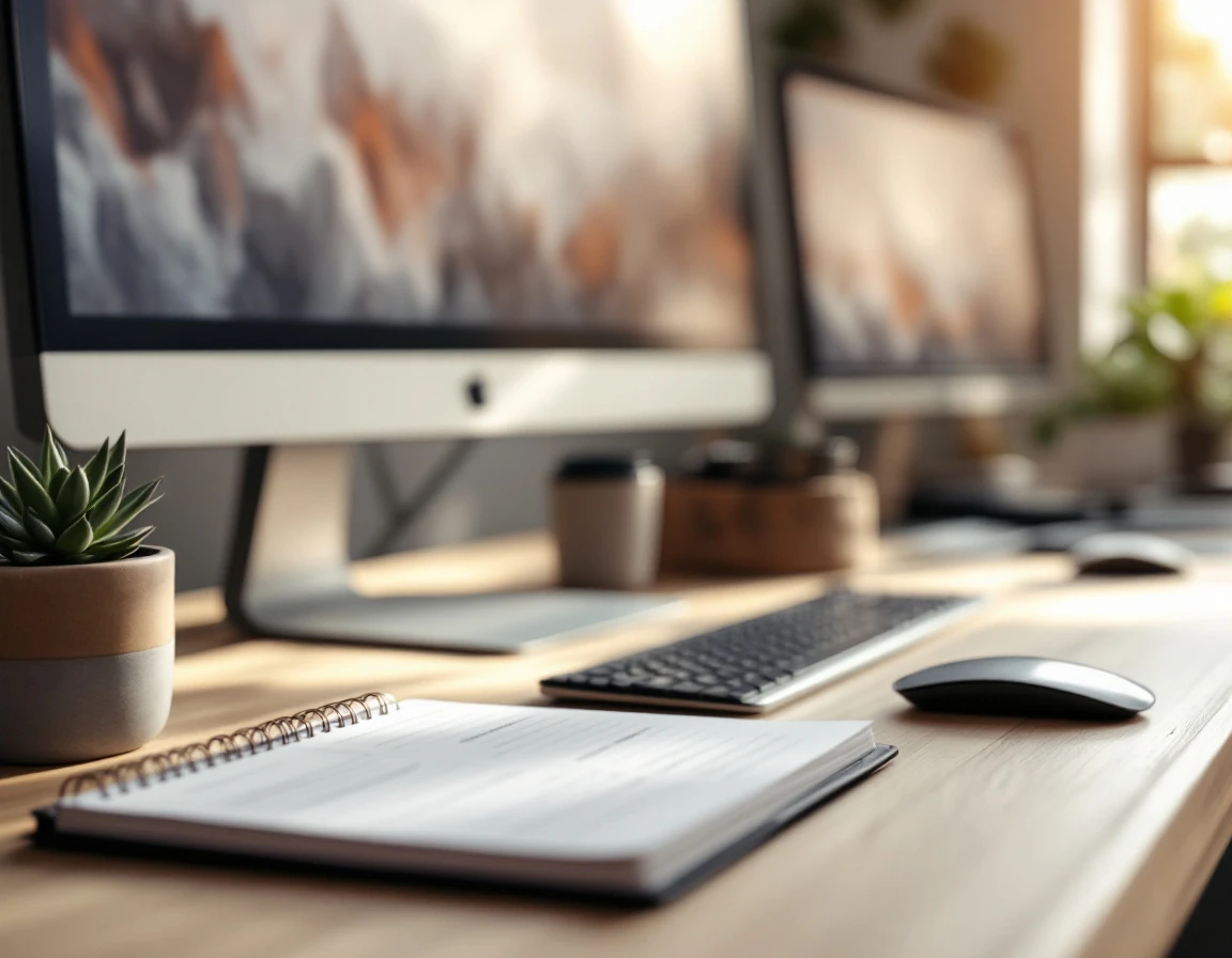 Clean desk workspace with planner, coffee mug, and succulent plant in natural afternoon light