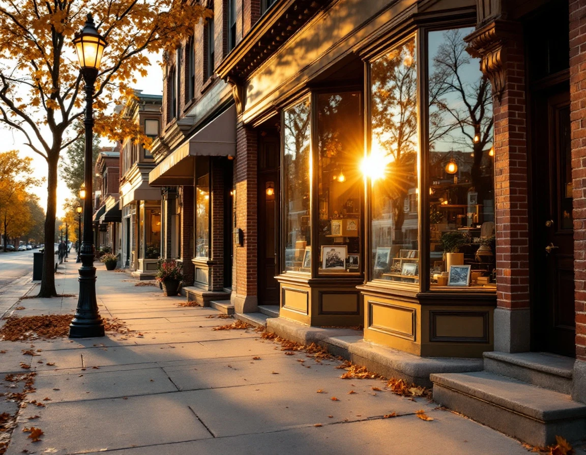 Empty main street of established small business district during quiet evening hours with historic brick storefronts