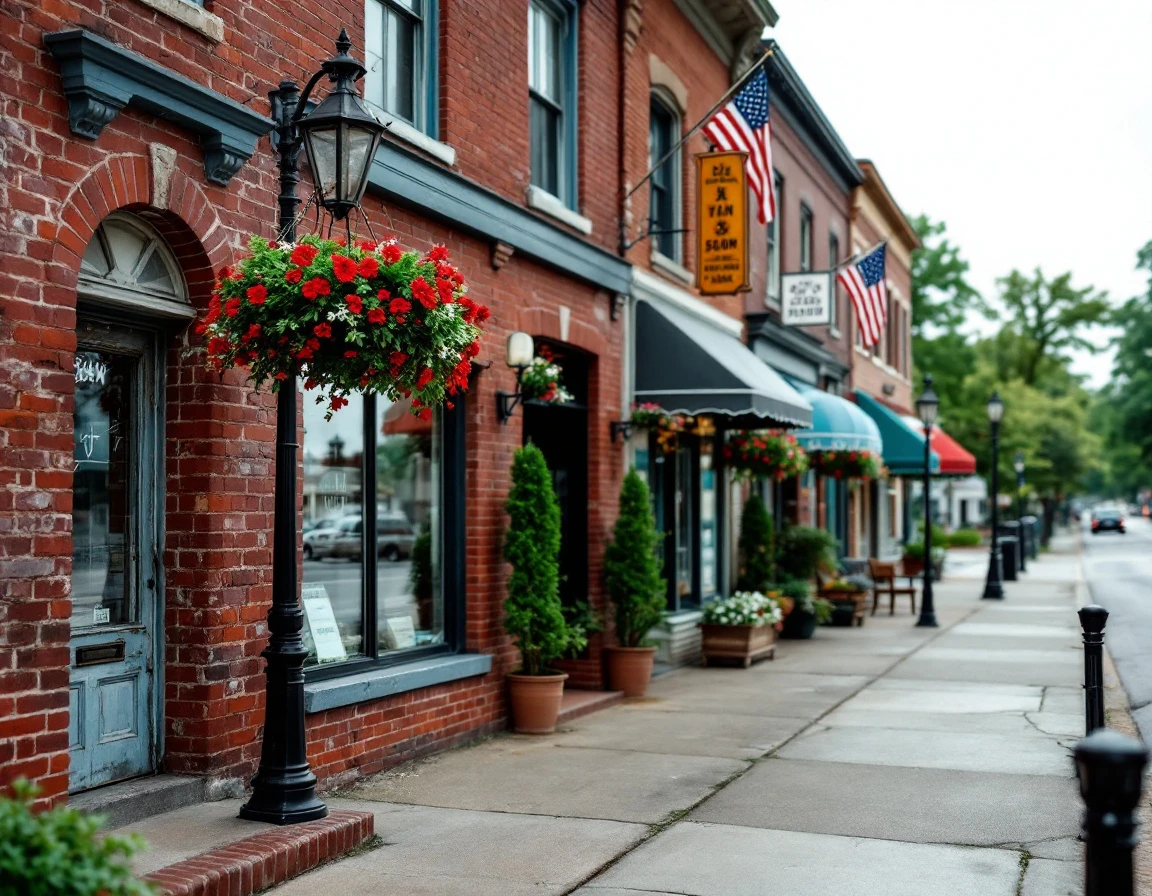 Quiet main street in small American town during summer weekday with weathered brick storefronts