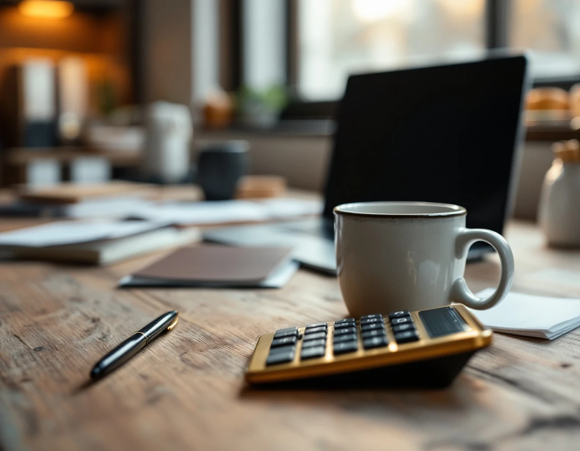 Calculator and pen on desk with blurred office background, representing payroll calculation workspace
