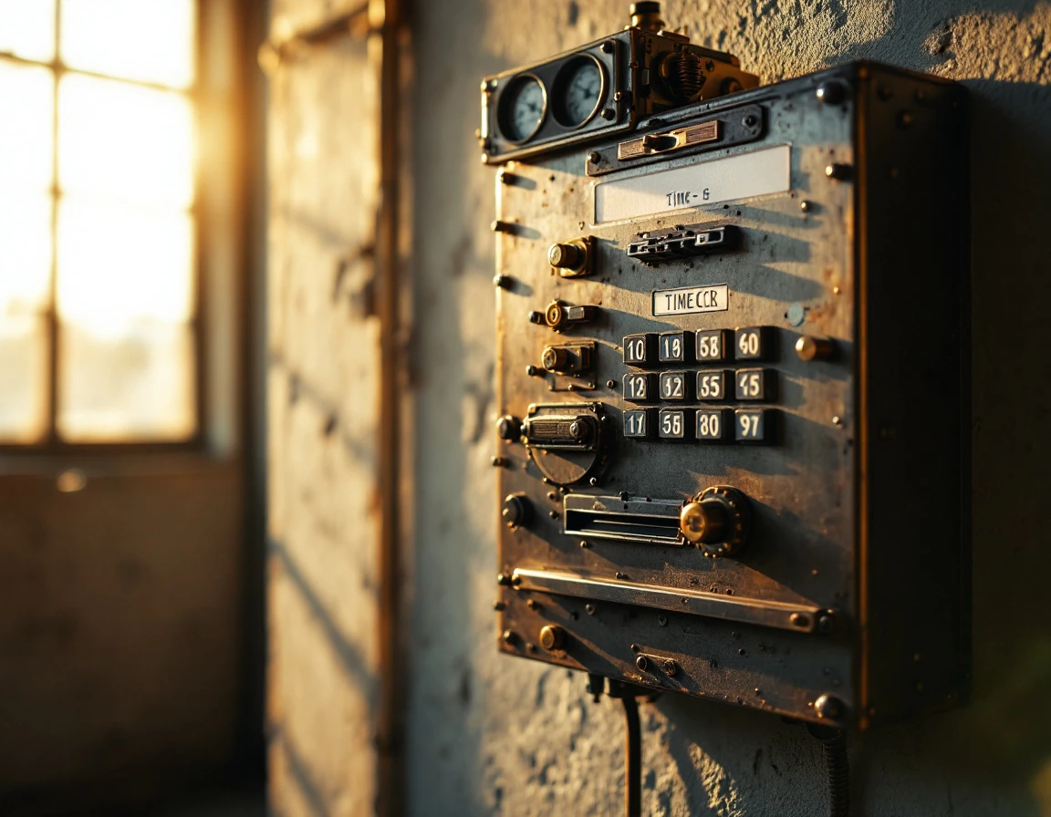 Industrial time clock mechanism with metallic finish mounted on wall in afternoon light