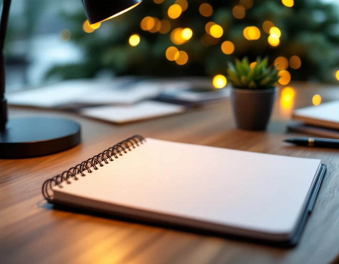 Blank notebook and pen on office desk with holiday decorations and warm lighting