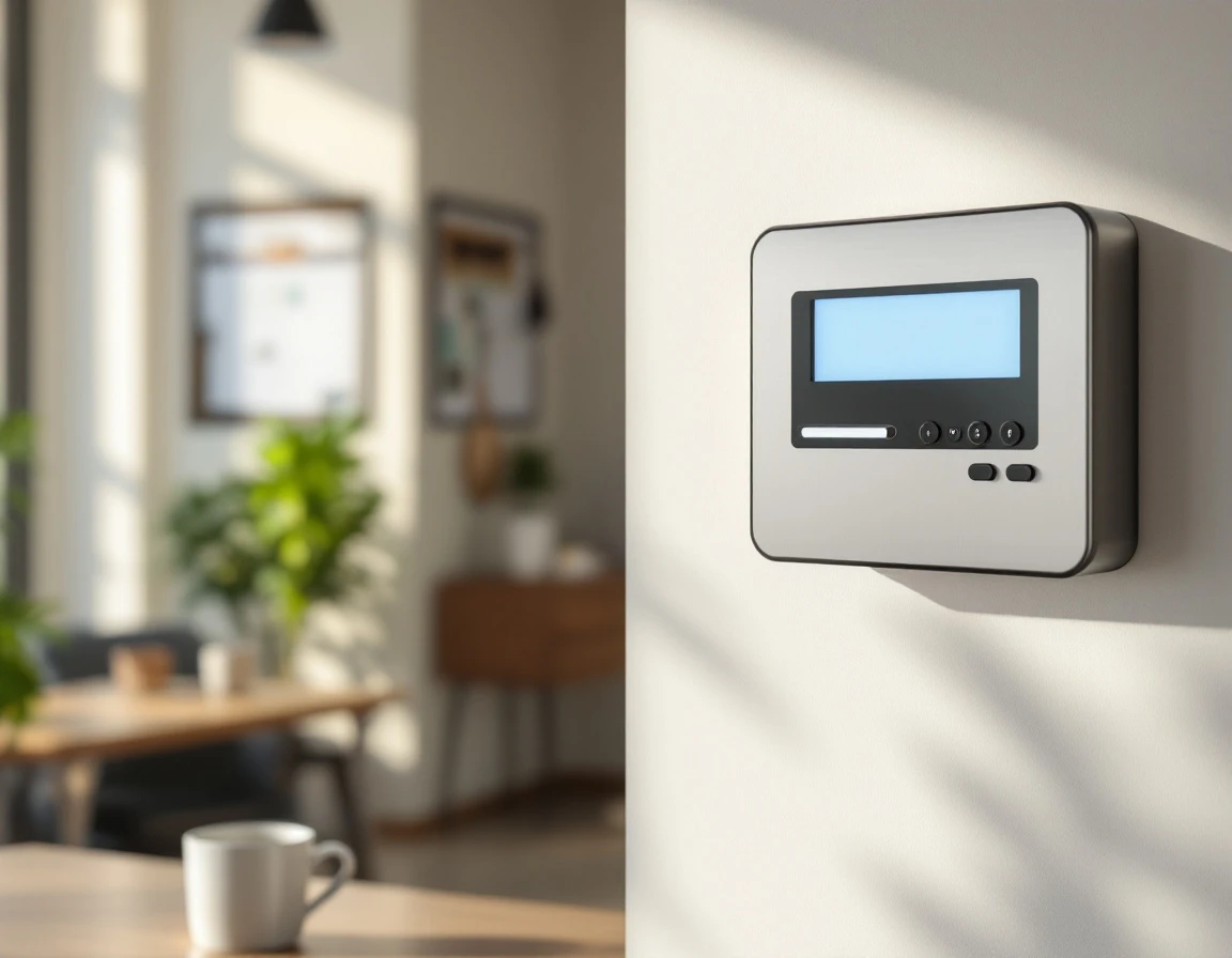 Wall-mounted time clock device in office break room with blank screen and natural lighting