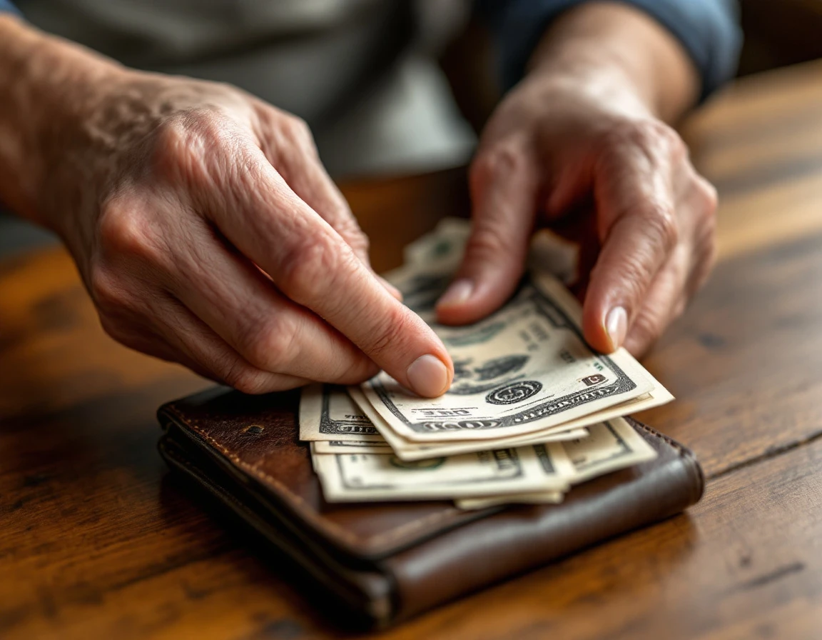 Server's hands counting cash tips over worn leather wallet on restaurant table with natural lighting