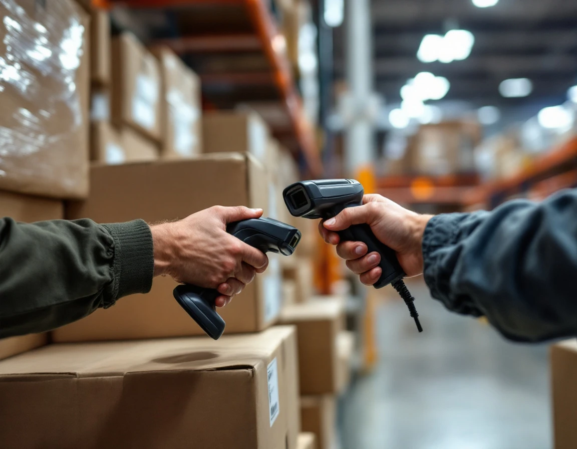 Teen worker's hands scanning inventory barcode in warehouse with natural lighting and authentic workplace textures