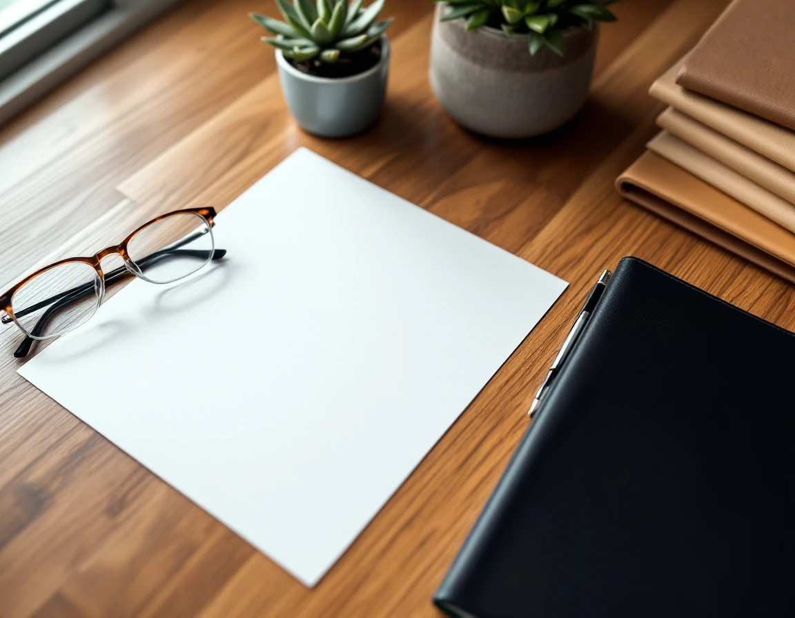 Clean business desk with blank paper, pen, and planning materials ready for compliance review work