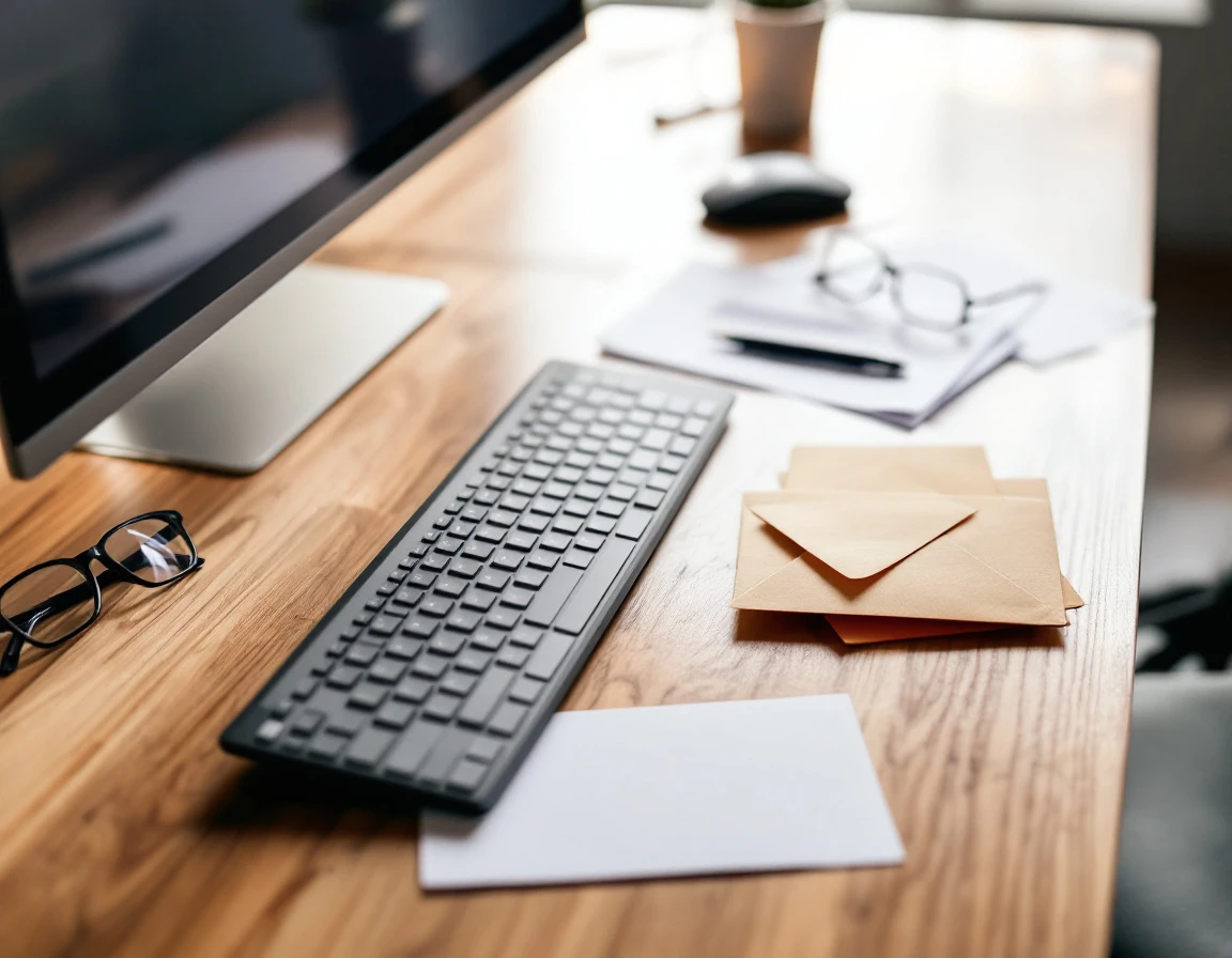 Overhead view of office desk with keyboard, envelopes, and face-down payroll documents