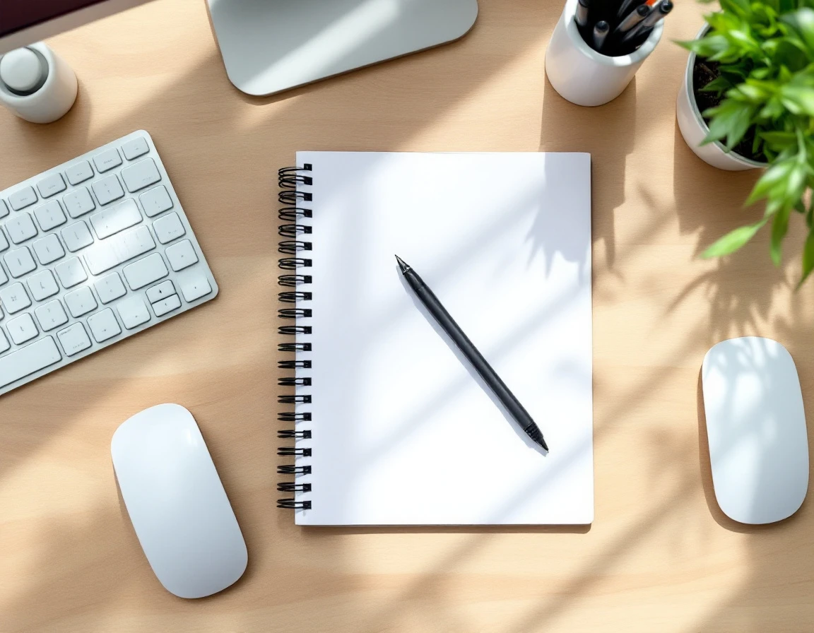 Clean office desk with blank notebook, keyboard, and pen holder representing streamlined payroll workflow