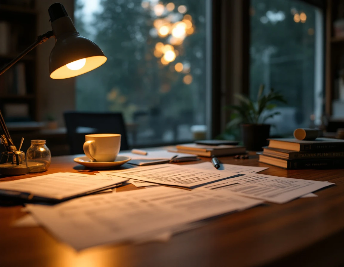Tax forms and documents arranged on home office desk with warm evening lighting