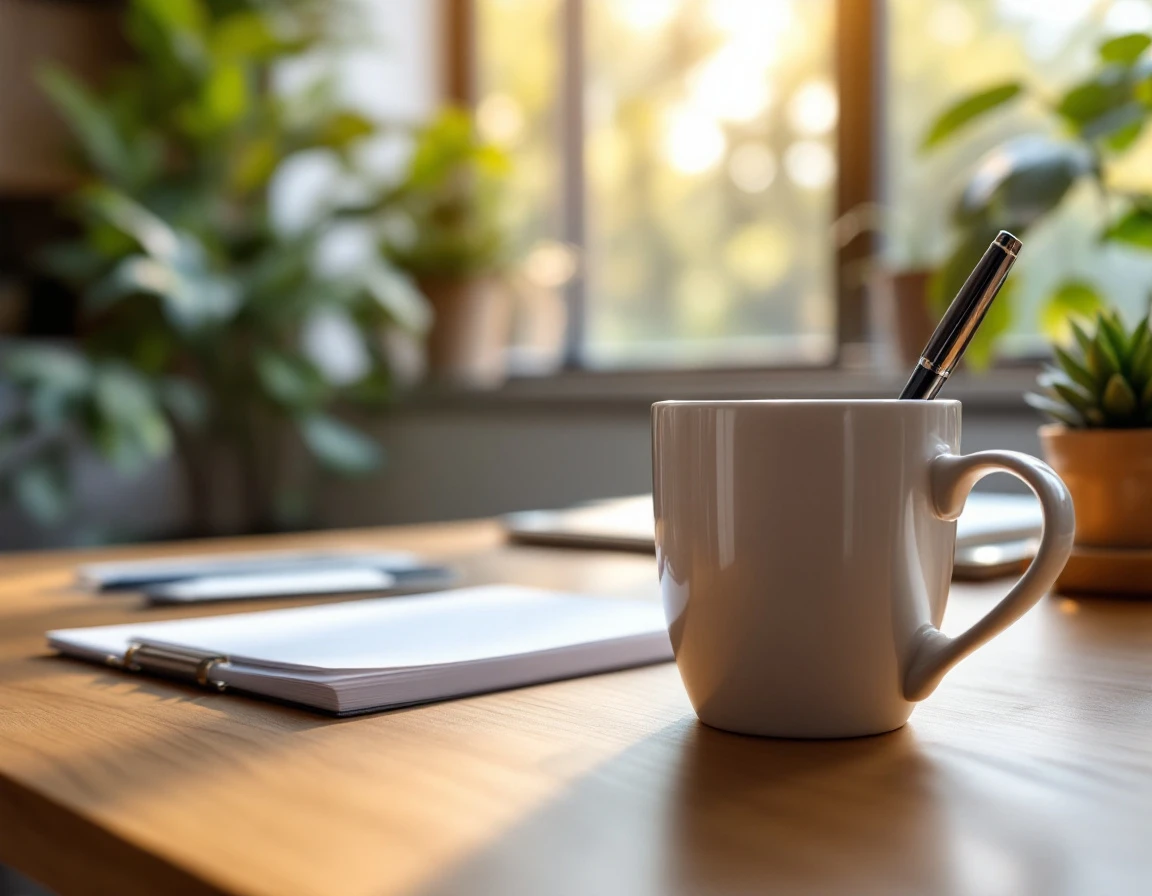 Clean wooden desk with notepad, pen holder, coffee mug, and plants near sunlit window