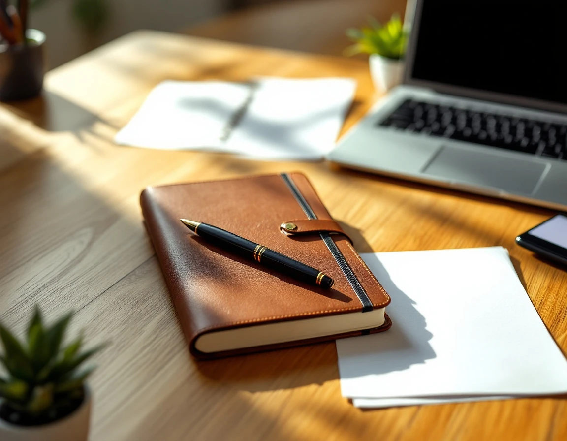 Professional desk with blank documents, leather notebook, laptop, and succulent plant in warm office lighting
