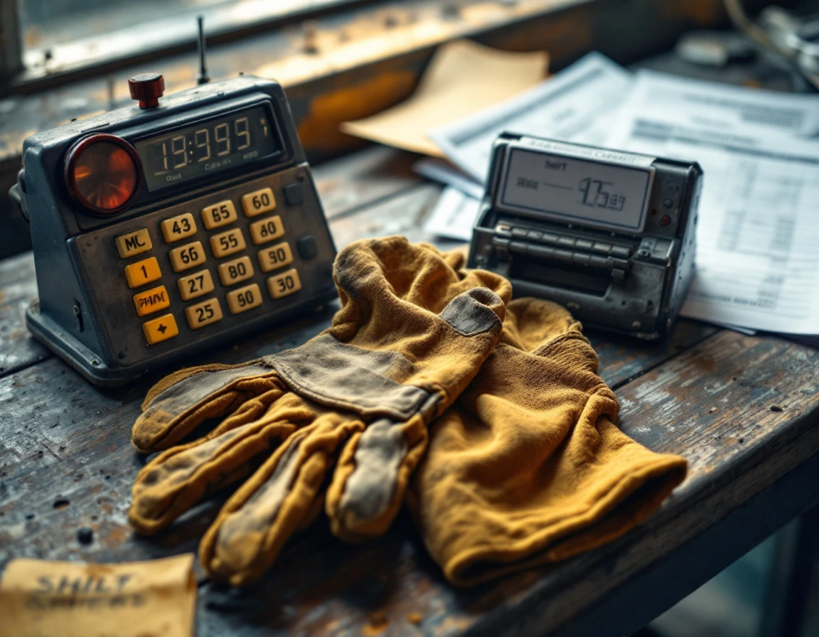 Work gloves and time card materials on industrial workbench showing youth employment scheduling context