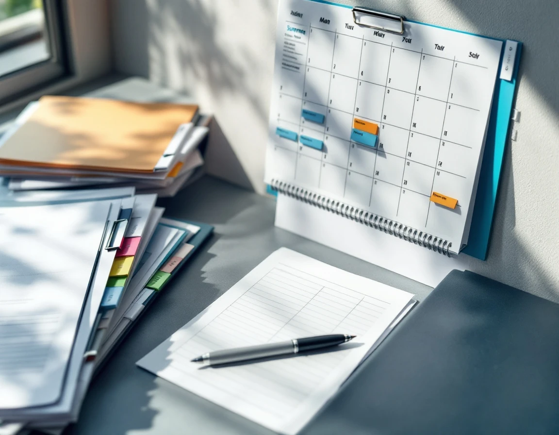 Calendar with scheduling notes and employment compliance forms on an organized desk