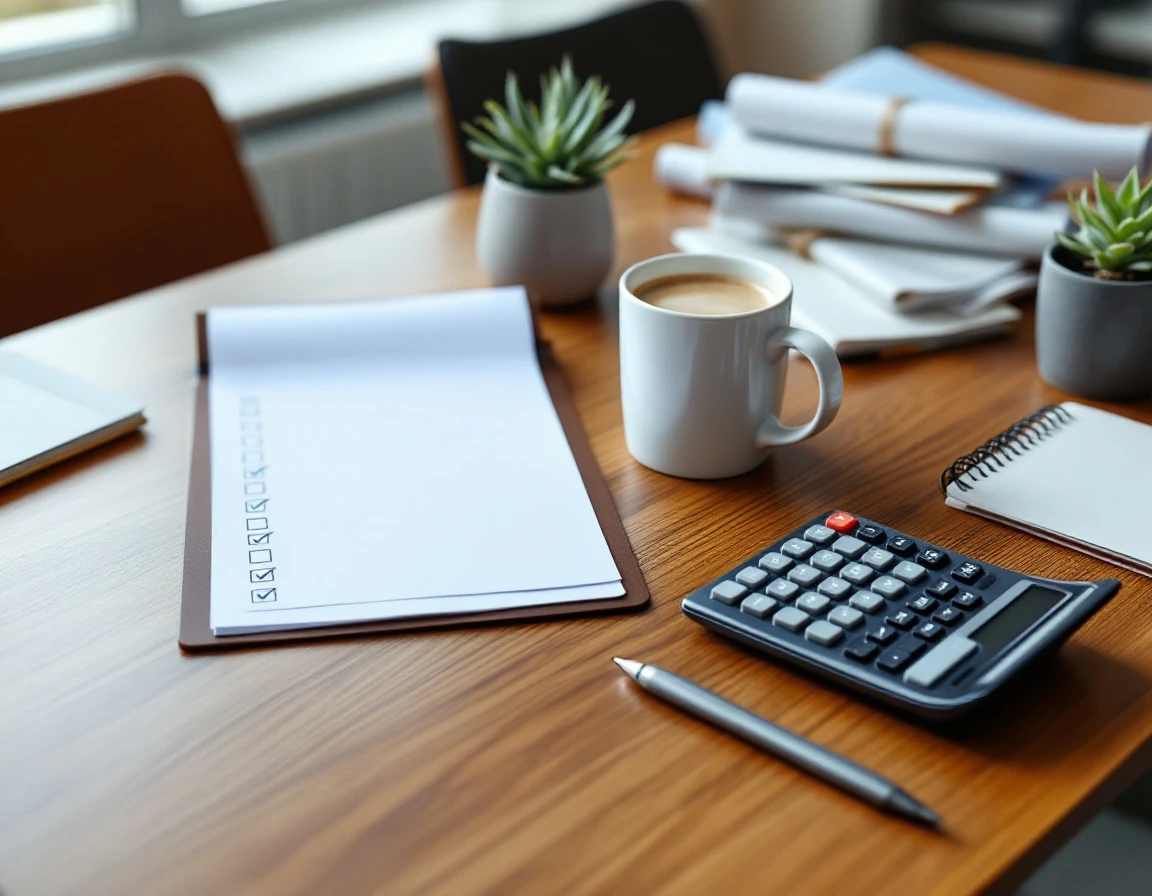 HR compliance workspace with clipboard, calculator, and office supplies on wooden desk