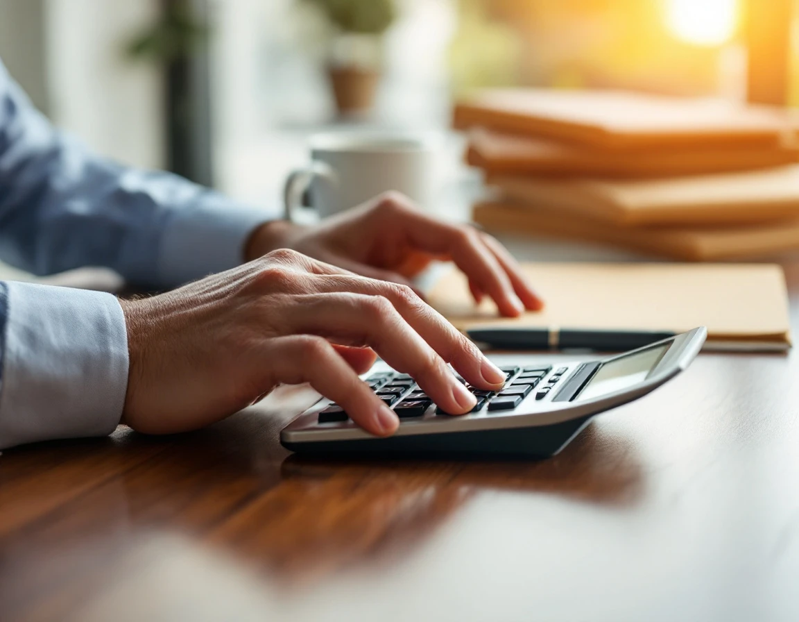 Professional payroll workspace with calculator and office supplies on wooden desk during final pay processing