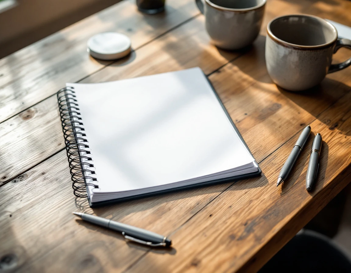 Blank spiral notebook with coffee cups and pen on wooden desk for business planning