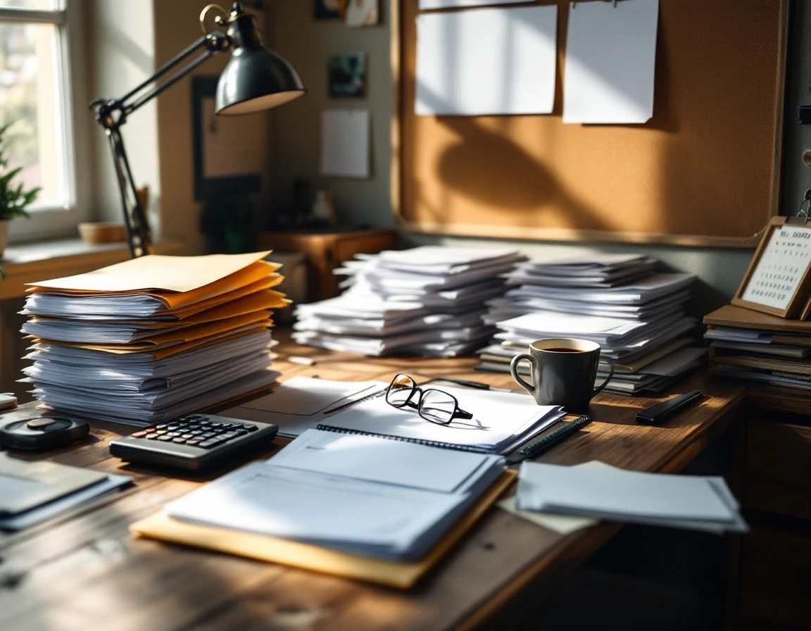 Tax preparation workspace with blank forms, calculator, and folders in natural window light