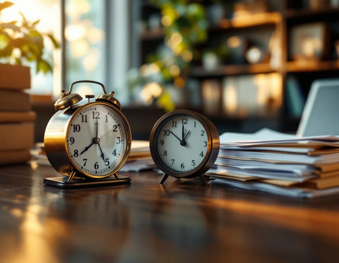 Brass clock and hourglass on executive desk with blurred documents showing approaching deadline