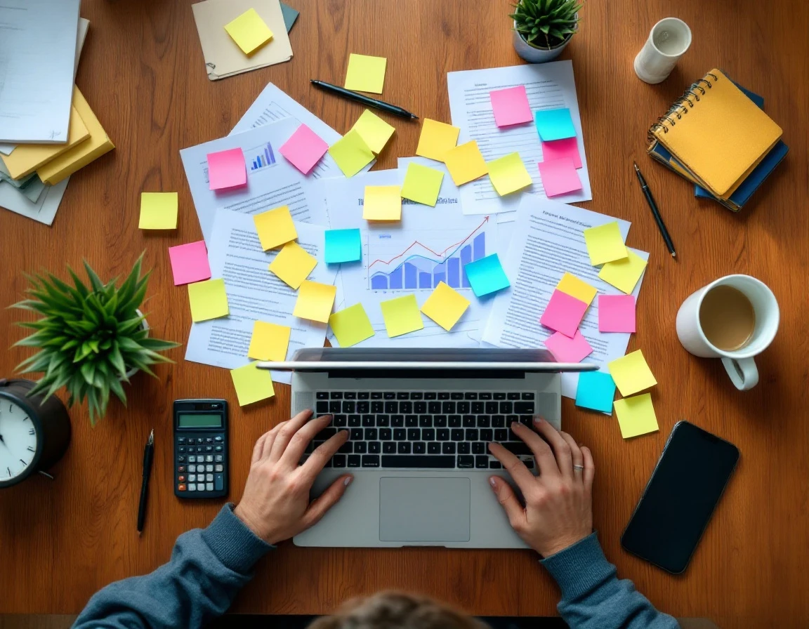 Cluttered overhead view of small business desk with laptop, blank sticky notes, calculator, and office supplies