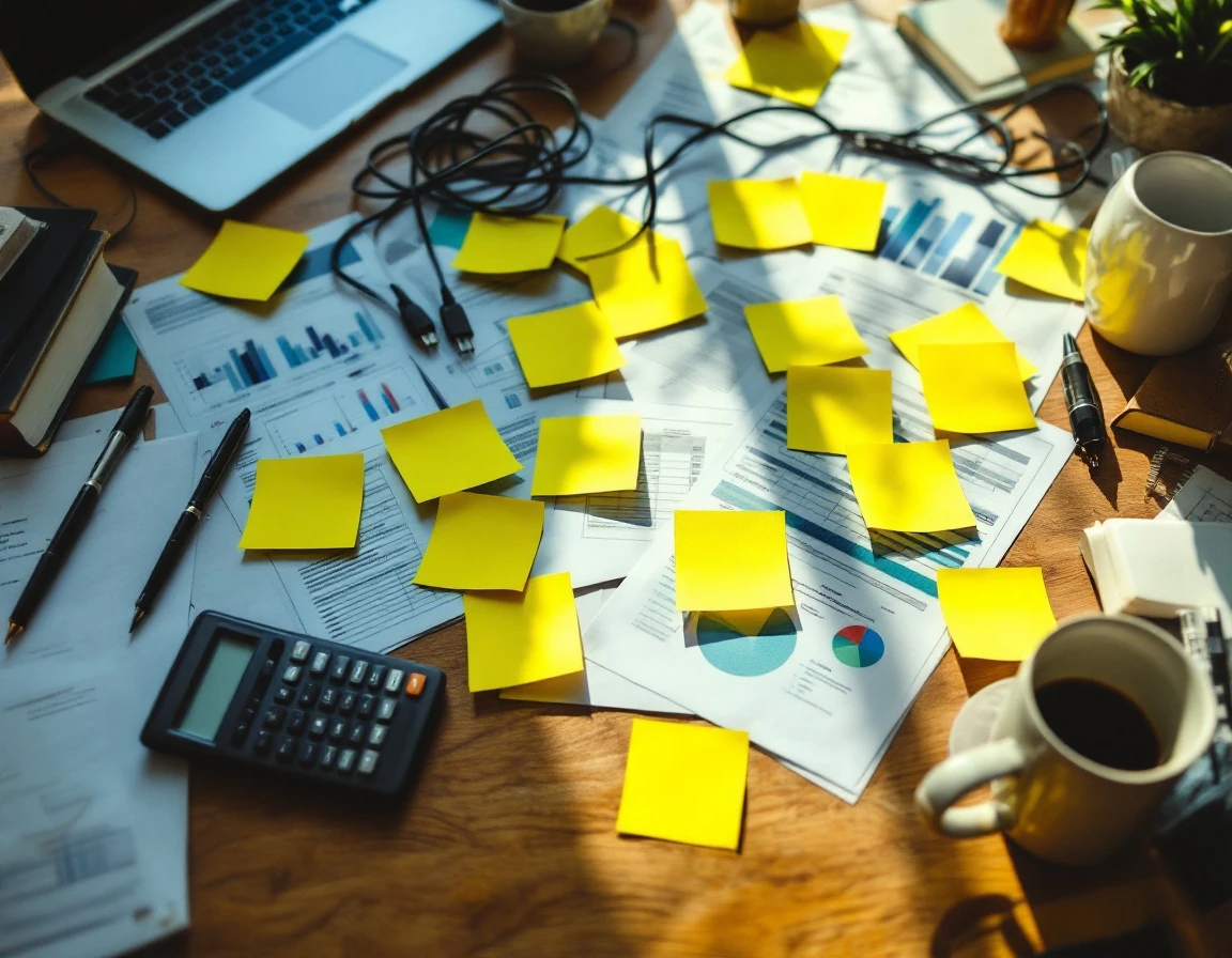 Cluttered small business desk with scattered papers, tangled cables, and disorganized workflow materials