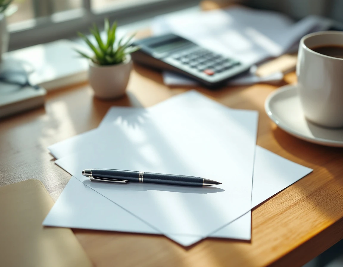 Overhead view of organized small business desk with blank papers, pen, coffee mug, and office supplies
