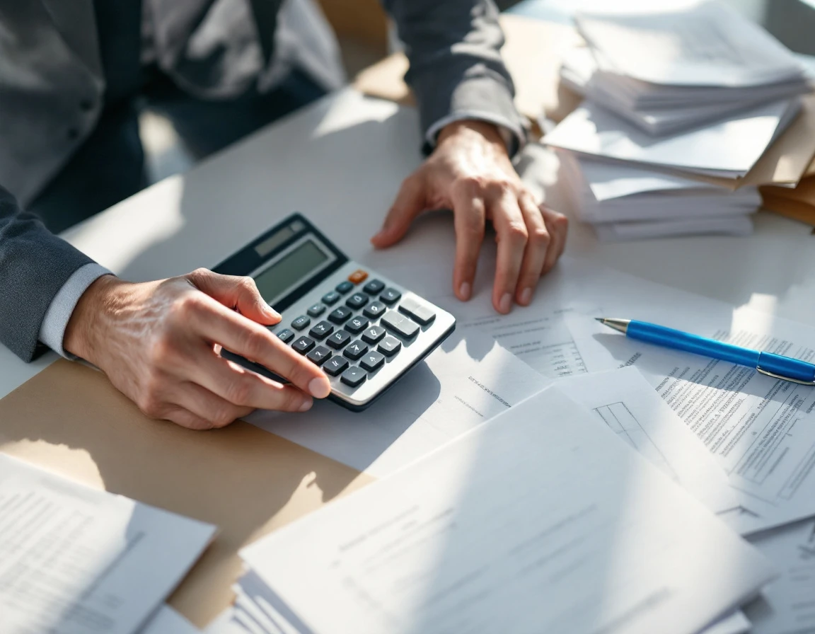 Hands using calculator with blank payroll forms and papers on organized office desk