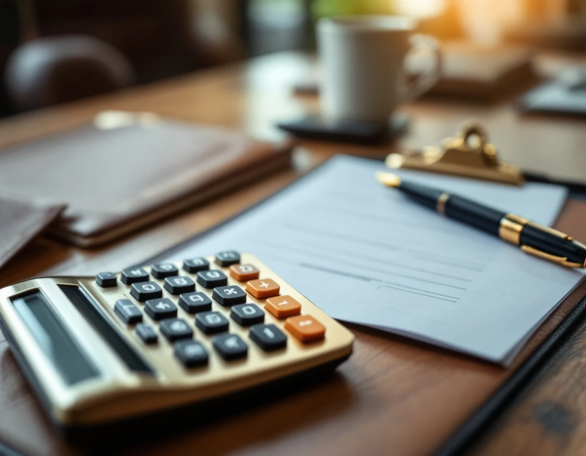 Gold calculator and fountain pen on desk with blank payroll paperwork in professional office setting