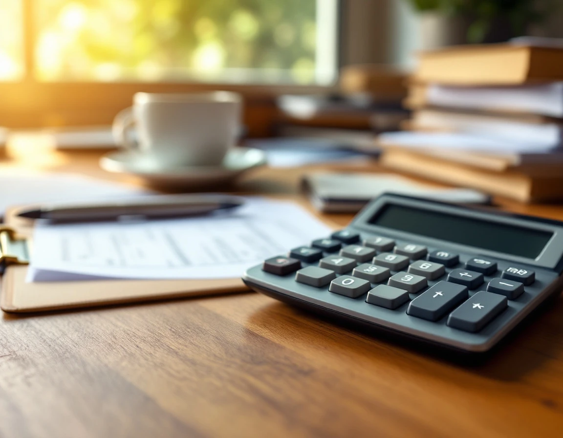 Calculator and blurred tax forms on accountant's desk for year-end payroll fringe benefit calculations