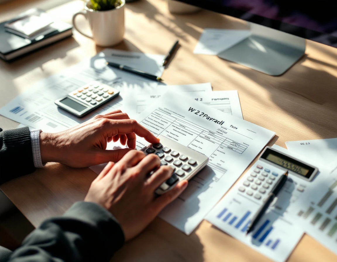 Office desk with payroll documents, calculator, and hands reviewing W-2 wage calculations