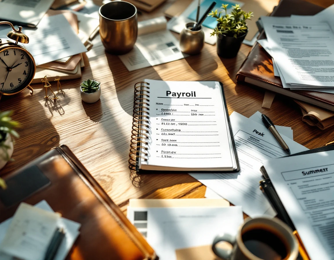Busy office desk with payroll documents, coffee, and office supplies during summer hiring season