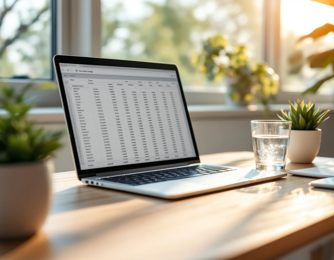 Clean office desk with active laptop showing spreadsheet interface in natural summer sunlight