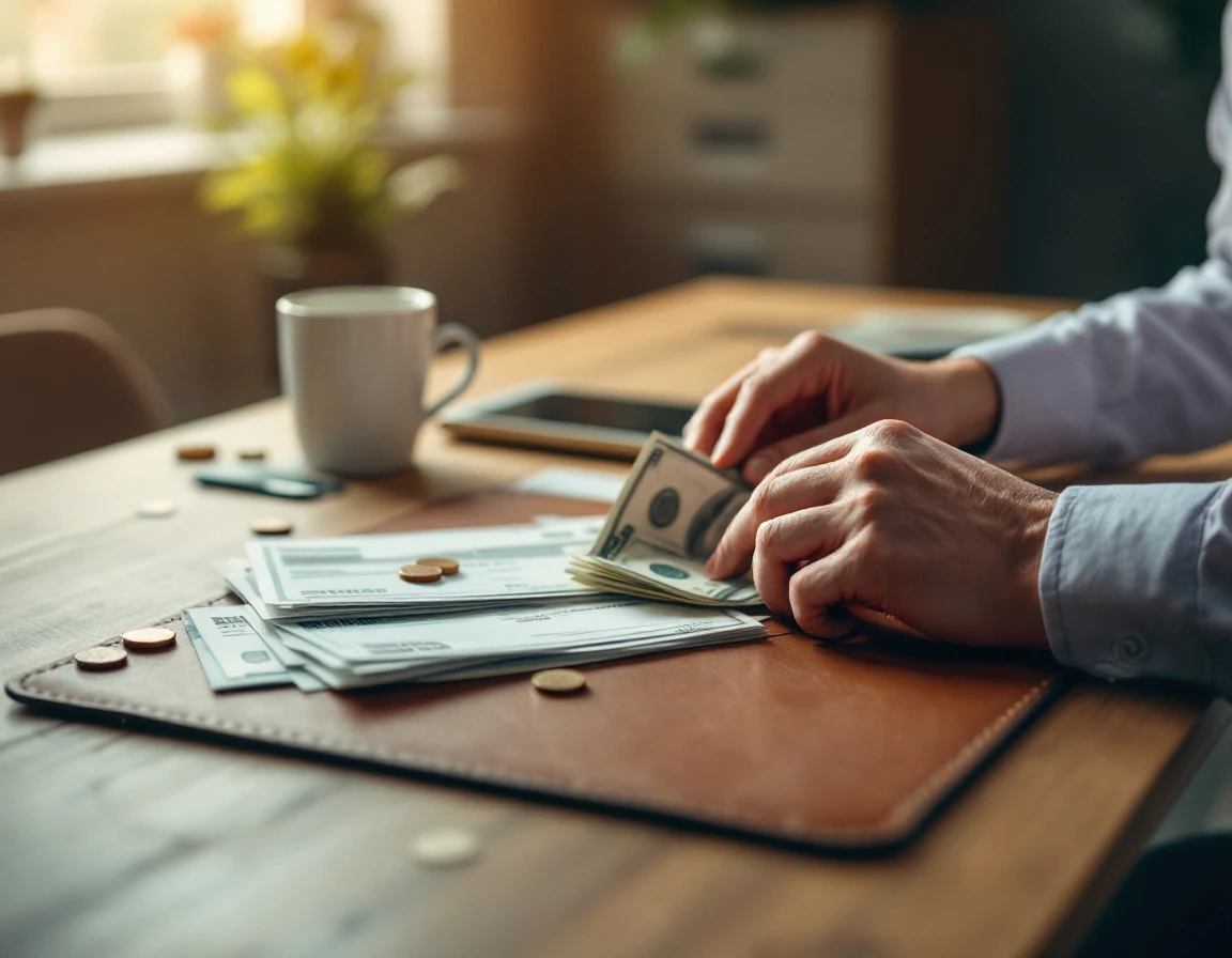 Hands organizing paychecks and cash on wooden desk representing thoughtful payroll practices