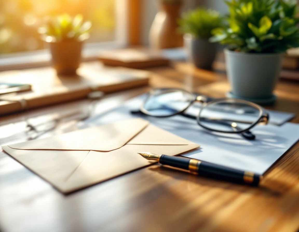 Small business owner's wooden desk with gold watch, eyeglasses, envelope, and potted plant in natural morning light