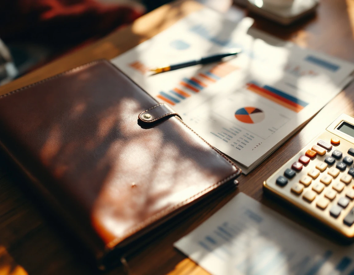 Financial planning workspace with leather portfolio, calculator, and blurred analytics charts on oak desk