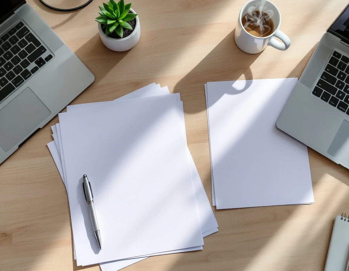 Clean desk workspace with blank papers, pen, succulent plant, and coffee mug ready for employee onboarding paperwork