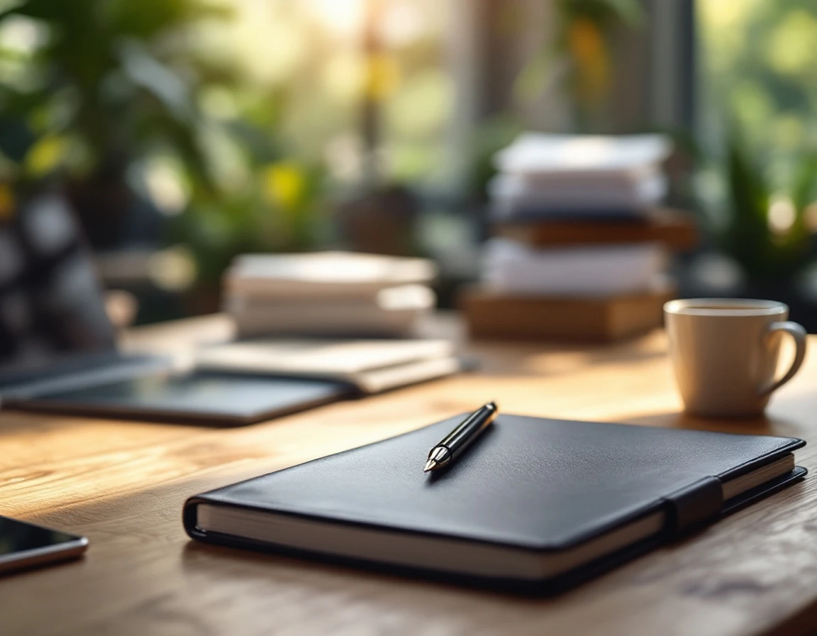 Clean wooden desk with pen, phone, and coffee mug in late summer office light