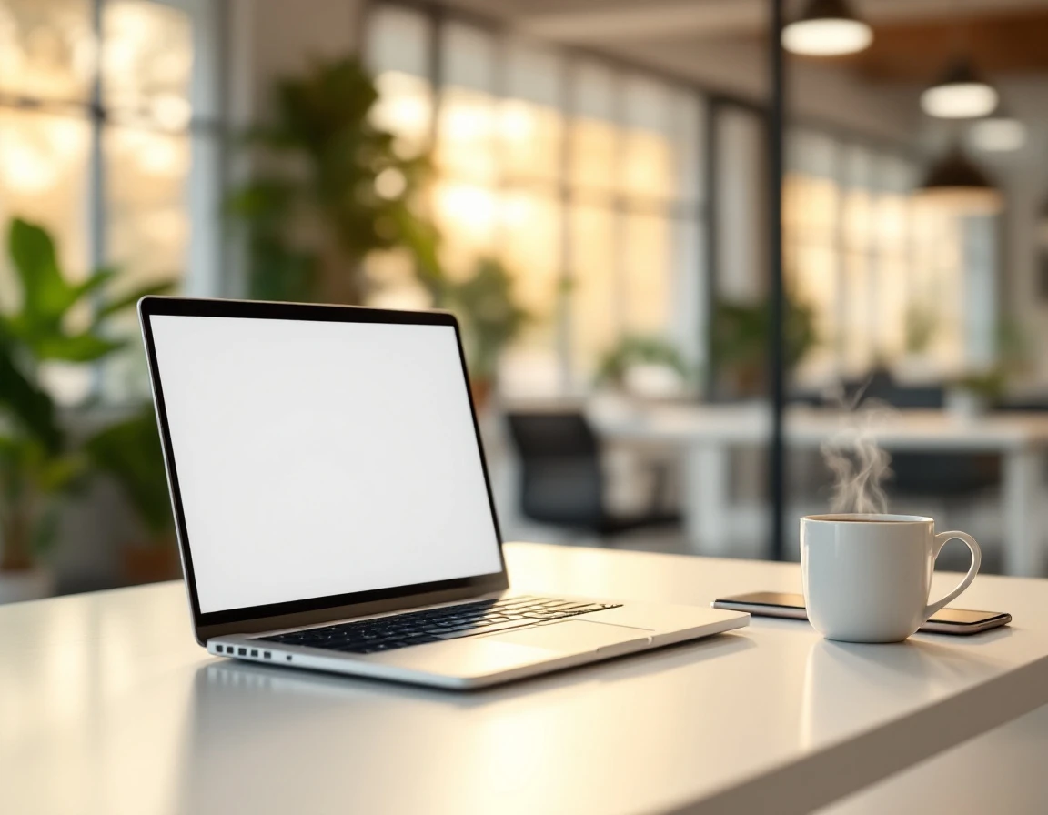 Clean desk with laptop and coffee in bright morning office workspace