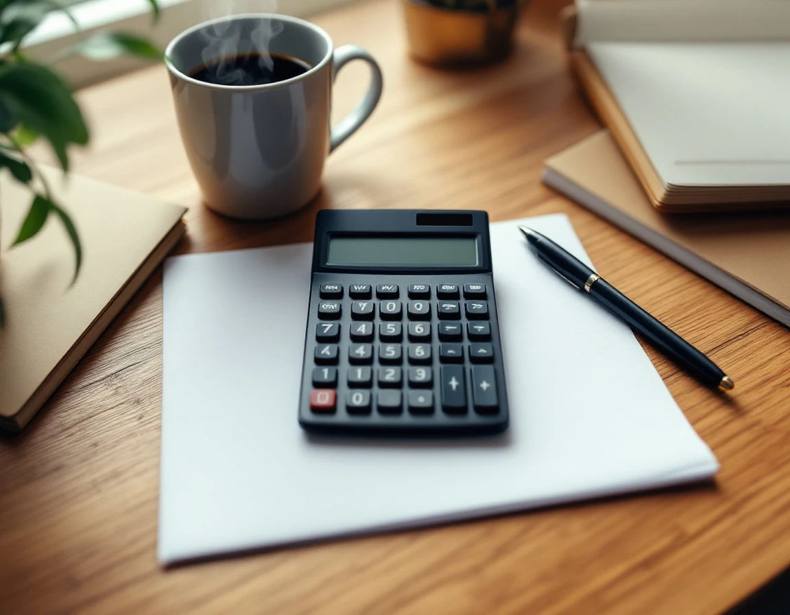 Clean desk workspace with calculator, blank notepad, and coffee mug for tax preparation