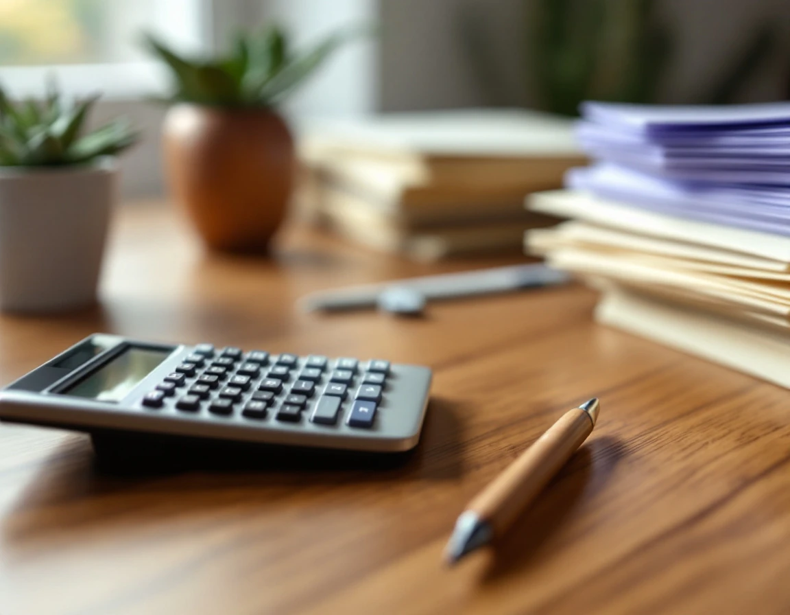 Close-up of business calculator and stacked tax documents on wooden desk with blurred papers in background