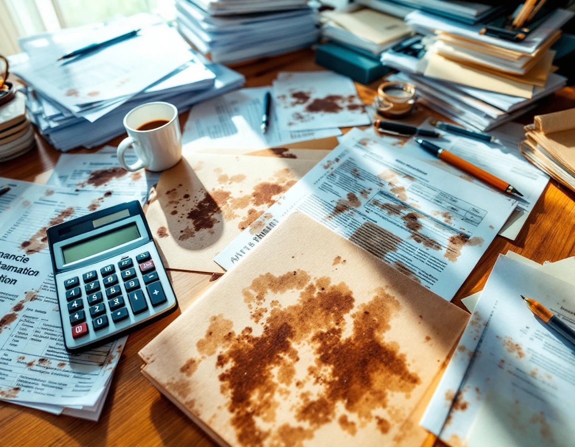 Cluttered desk with blurred financial paperwork, calculator, and coffee mug showing small business administrative chaos