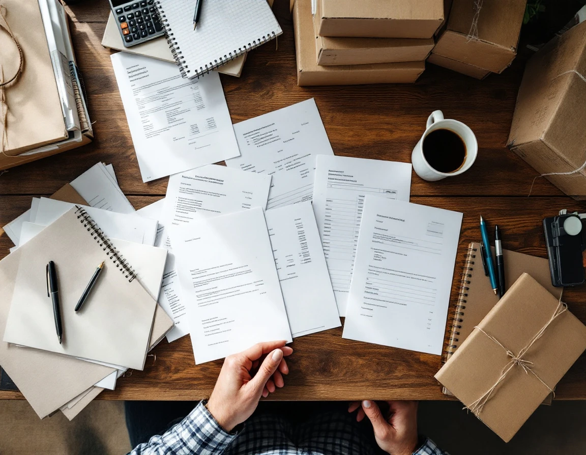 Overhead view of cluttered desk with financial papers, calculator, and office supplies showing operational chaos