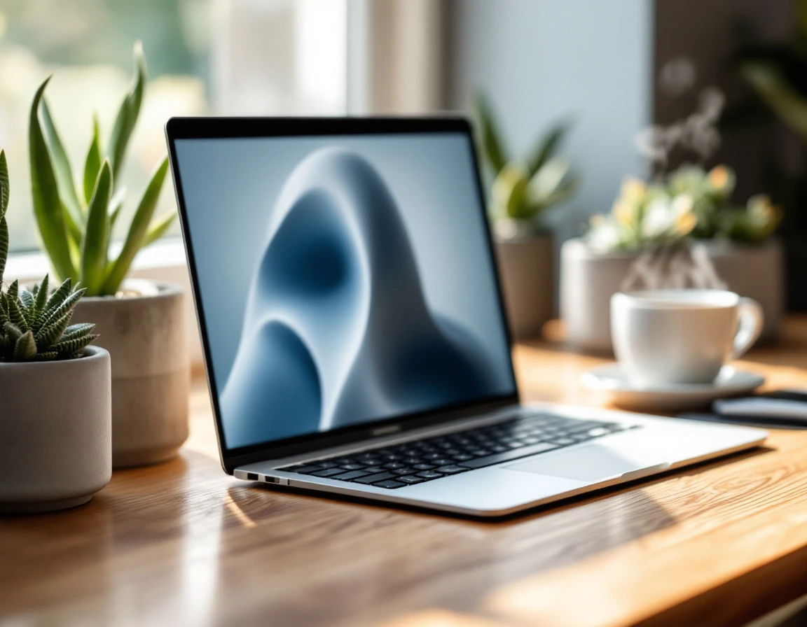 Minimalist workspace with laptop displaying abstract dashboard visualization and coffee cup on wooden desk